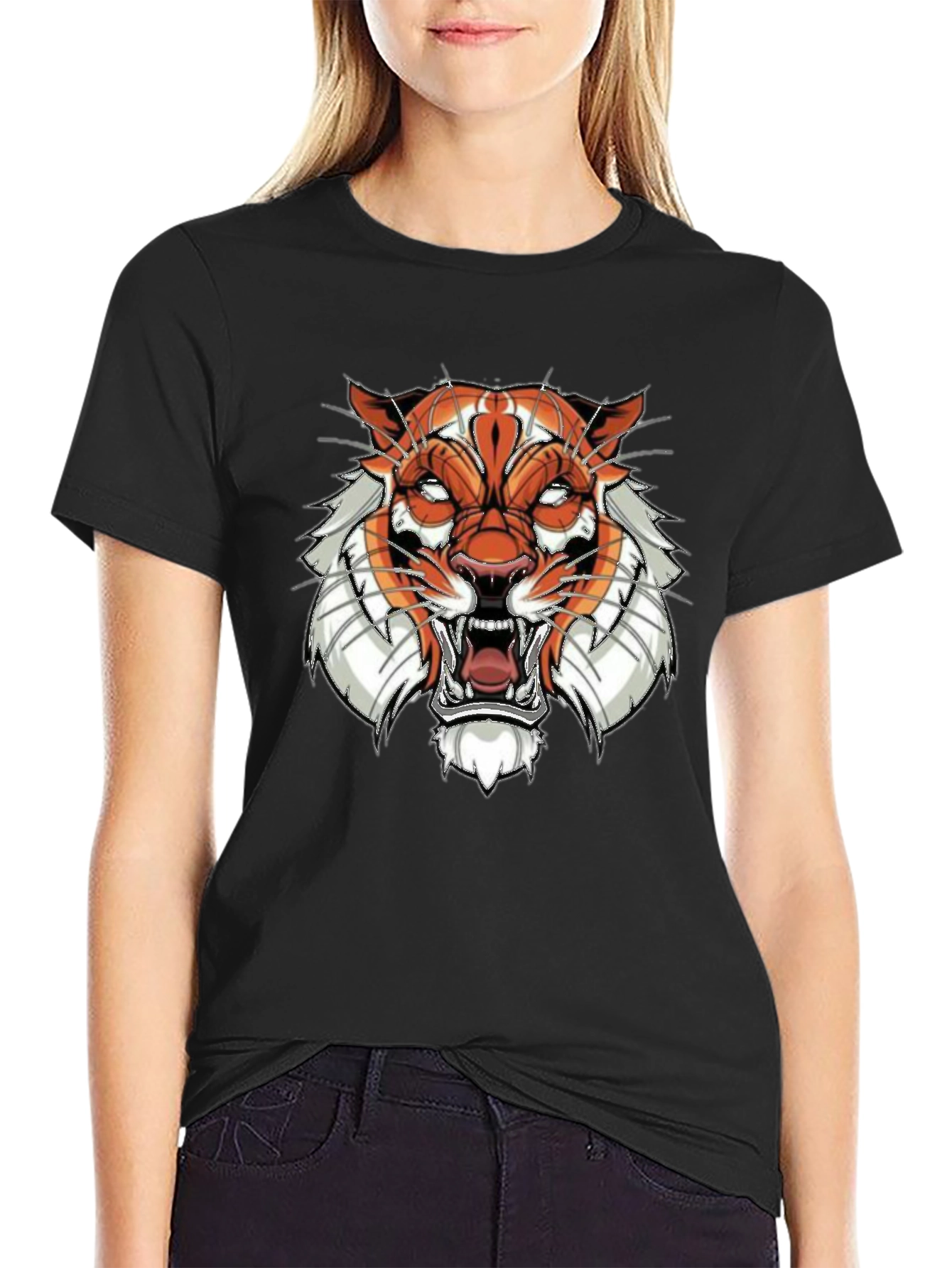 Black Graphic Tee with Tiger Face Design
