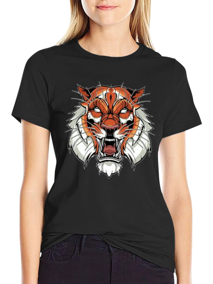 Black Graphic Tee with Tiger Face Design