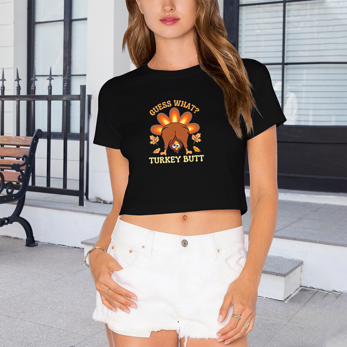 Guess What Turkey Butt Funny Thanksgiving Crop Top