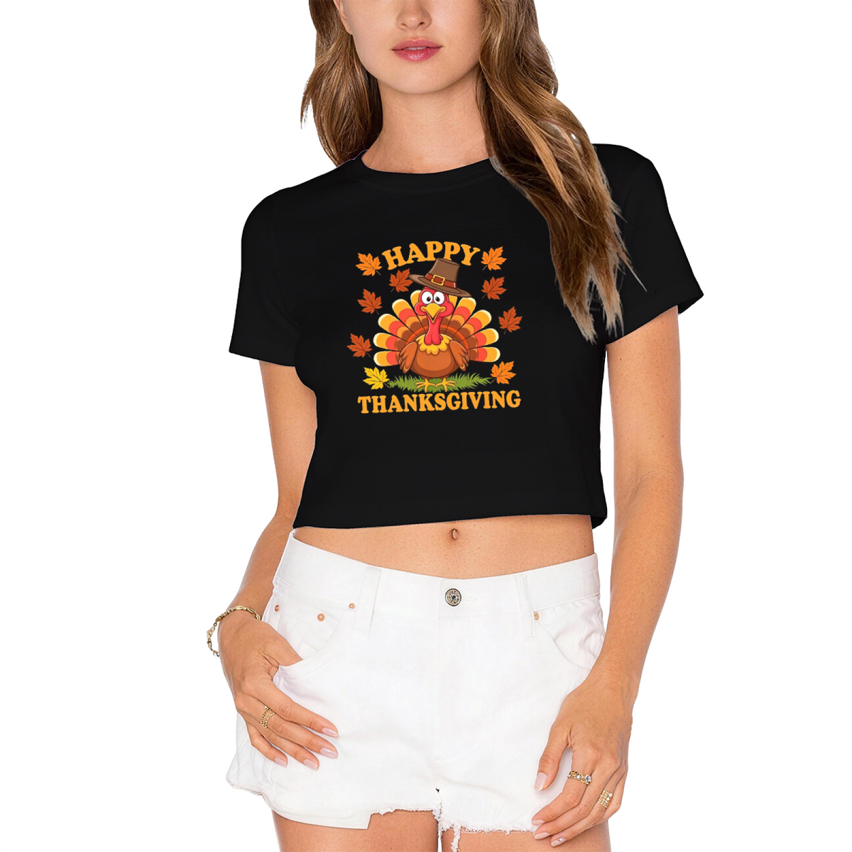 Happy Thanksgiving Cute Cartoon Turkey Crop Top