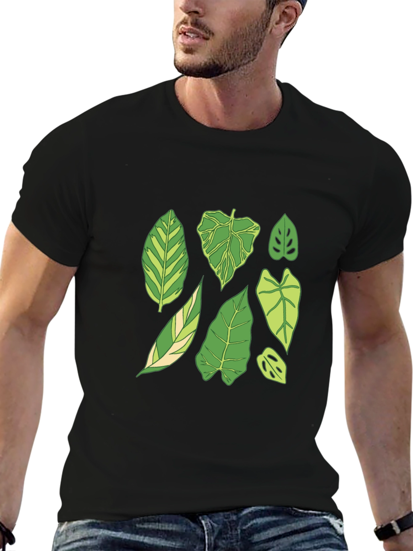 Botanical Leaf Print Black T-Shirt