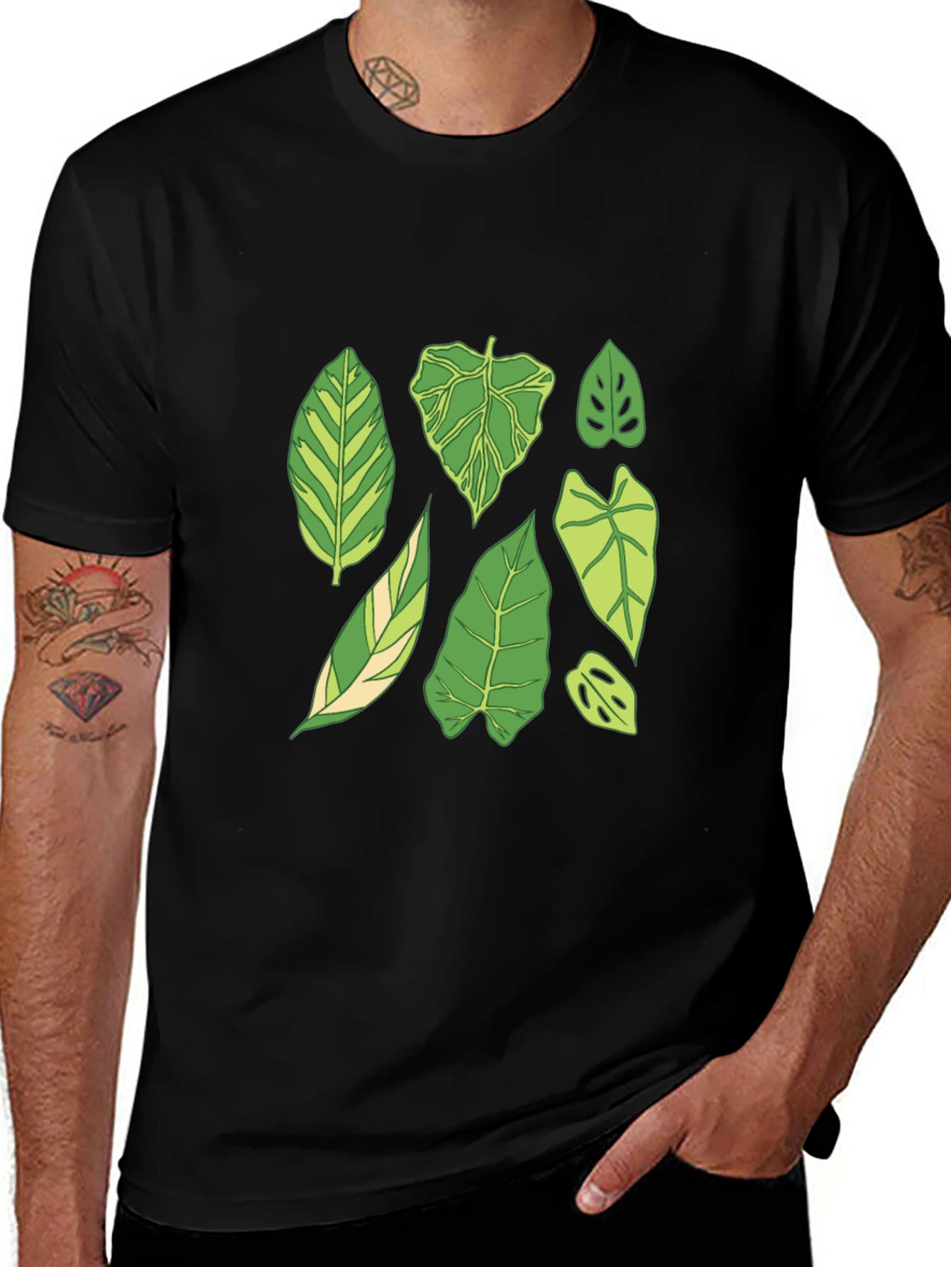 Botanical Leaf Print Black T-Shirt