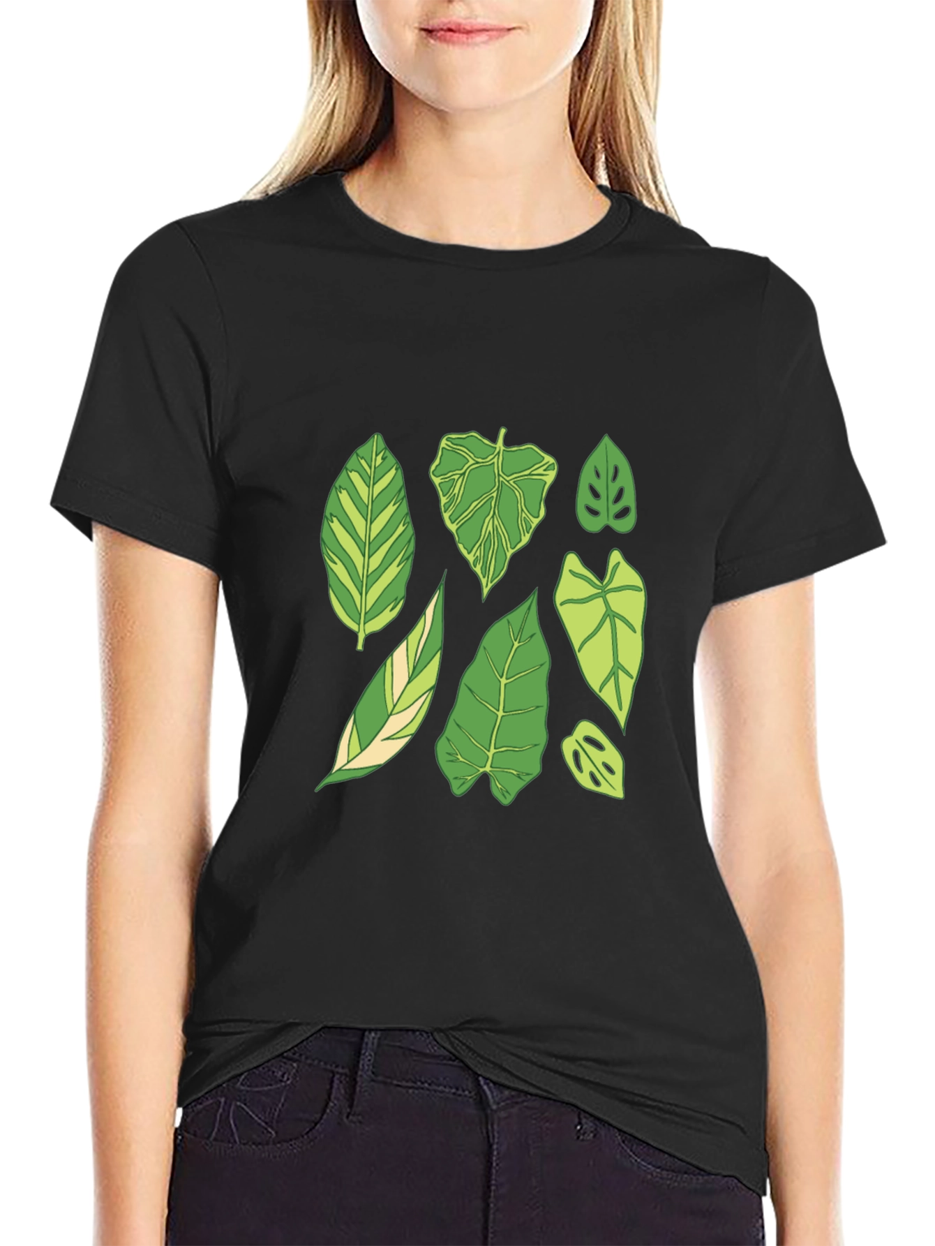 Botanical Leaf Print Black T-Shirt