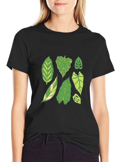Botanical Leaf Print Black T-Shirt