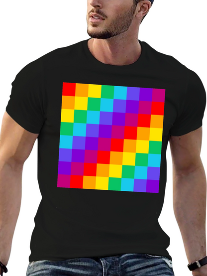 Rainbow Grid Graphic Tee - Vibrant Checkered Pattern