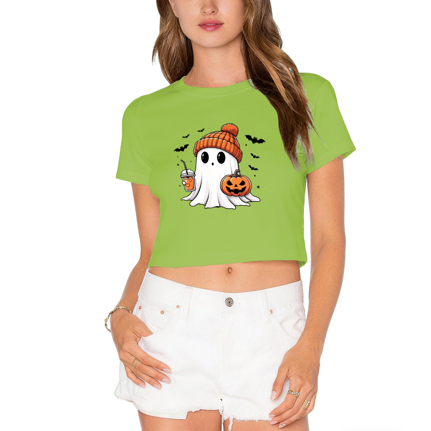 Spooky Cute Ghost Pumpkin Fall Halloween Christmas Crop Top