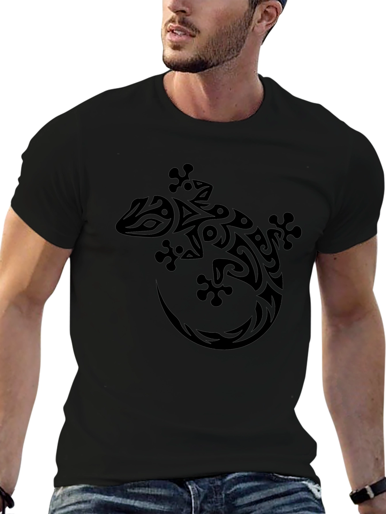 Tribal Gecko Graphic Print Black T-Shirt