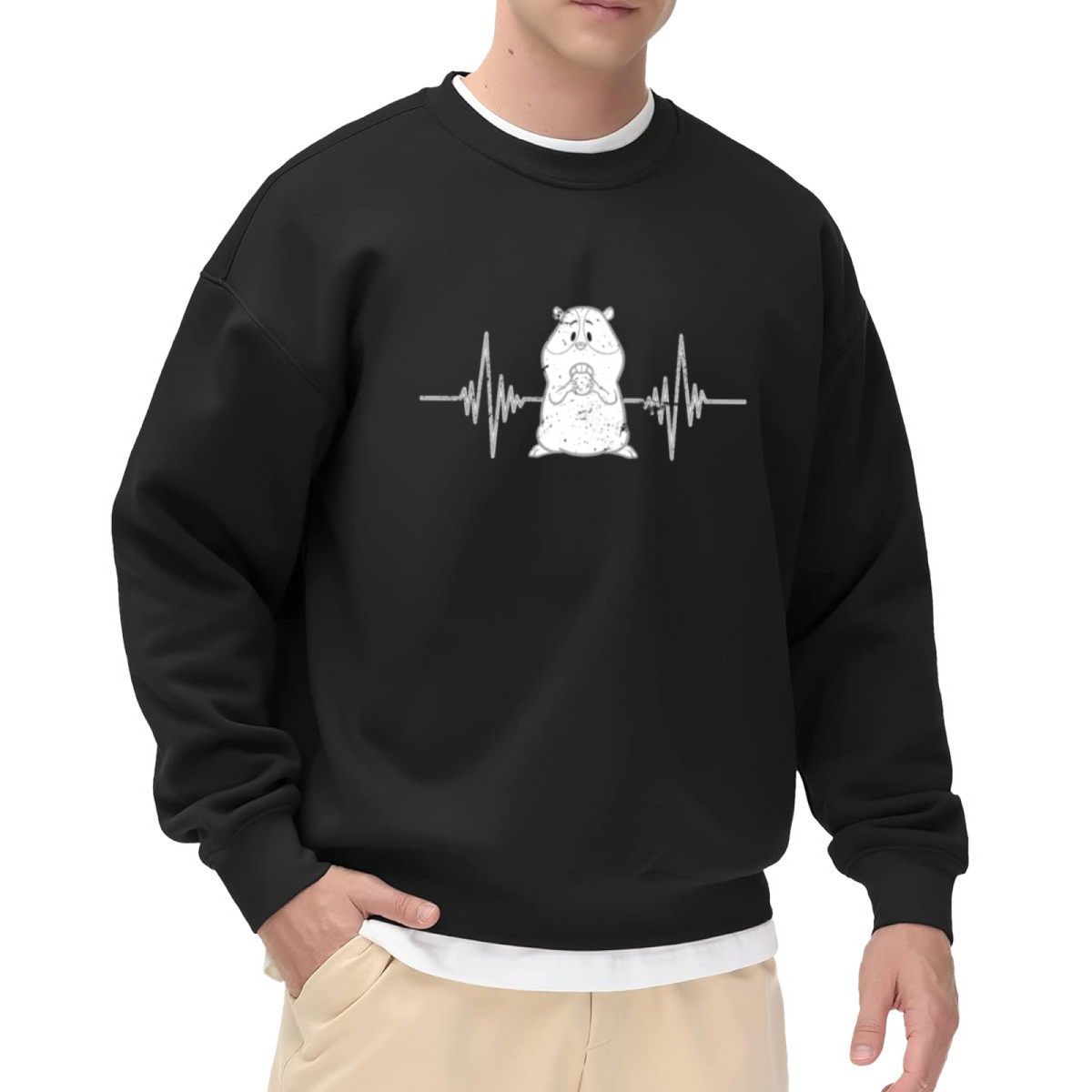 Hamster Heartbeat Sweatshirt - Cute Hamster ECG Line Crewneck, Small Pet Lover Pullover, Kawaii Rodent Gift Sweatshirt, Cozy Critter Top