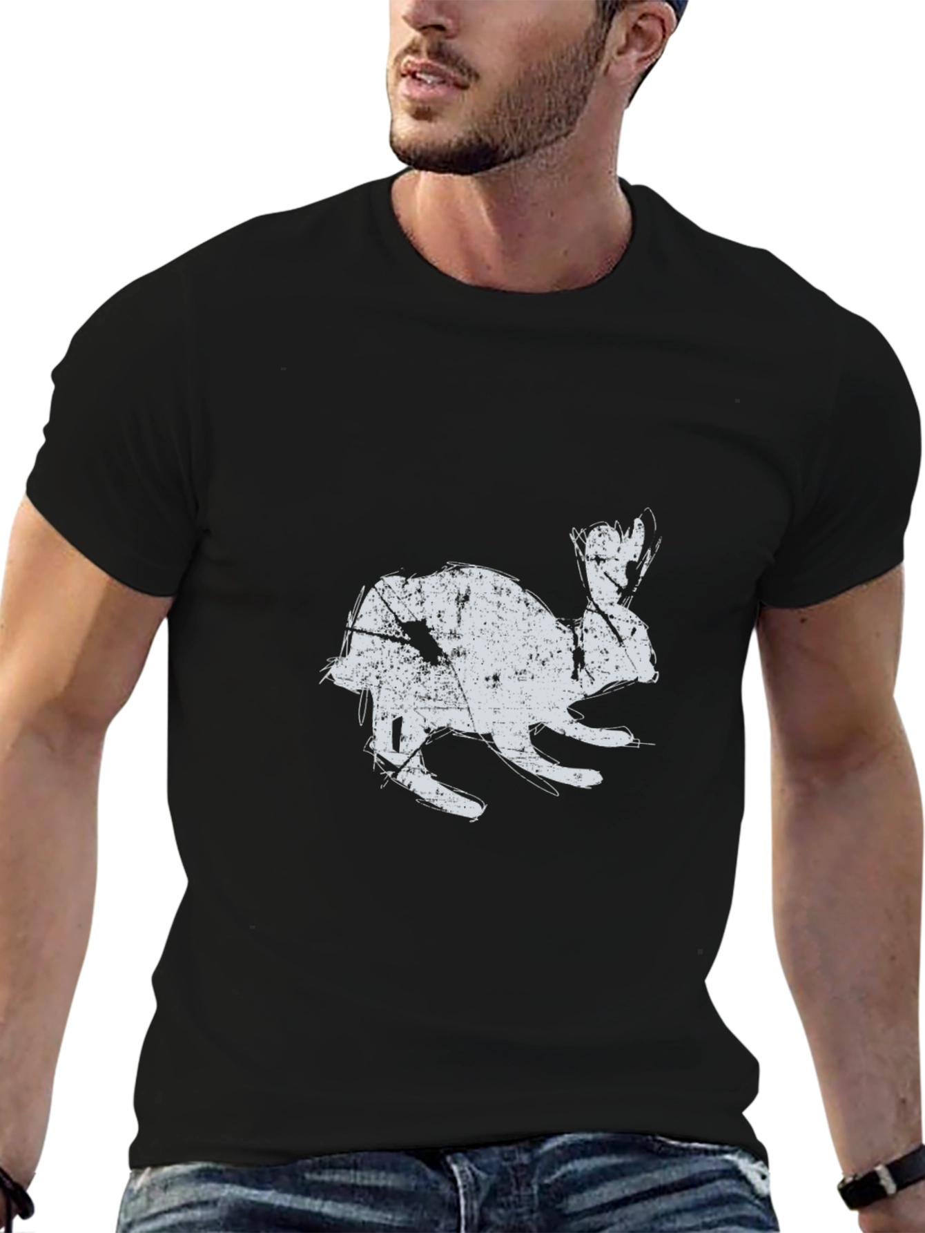 Black T-Shirt with Distressed Rabbit Graphic