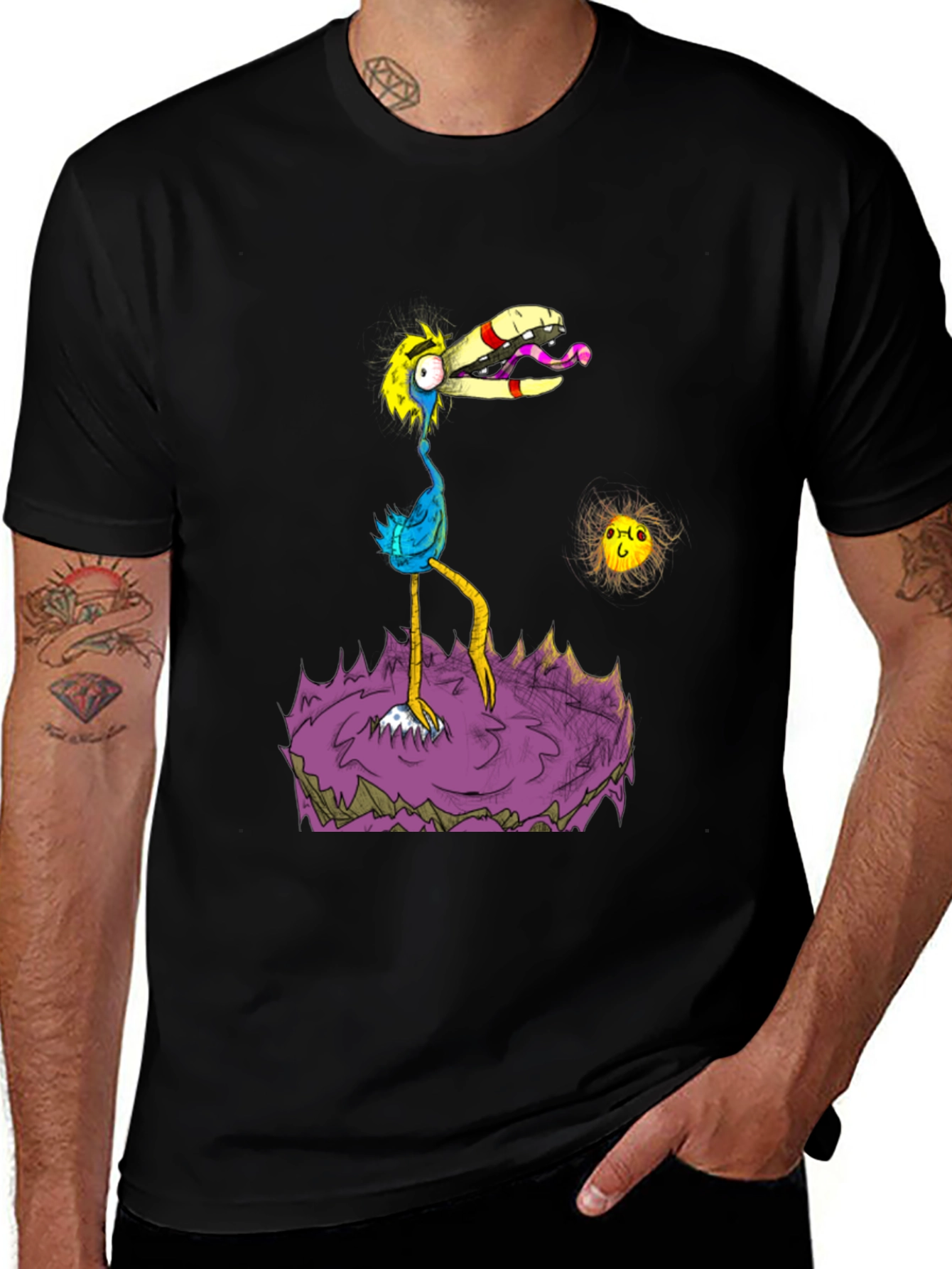 Cartoon Bird Graphic Black T-Shirt