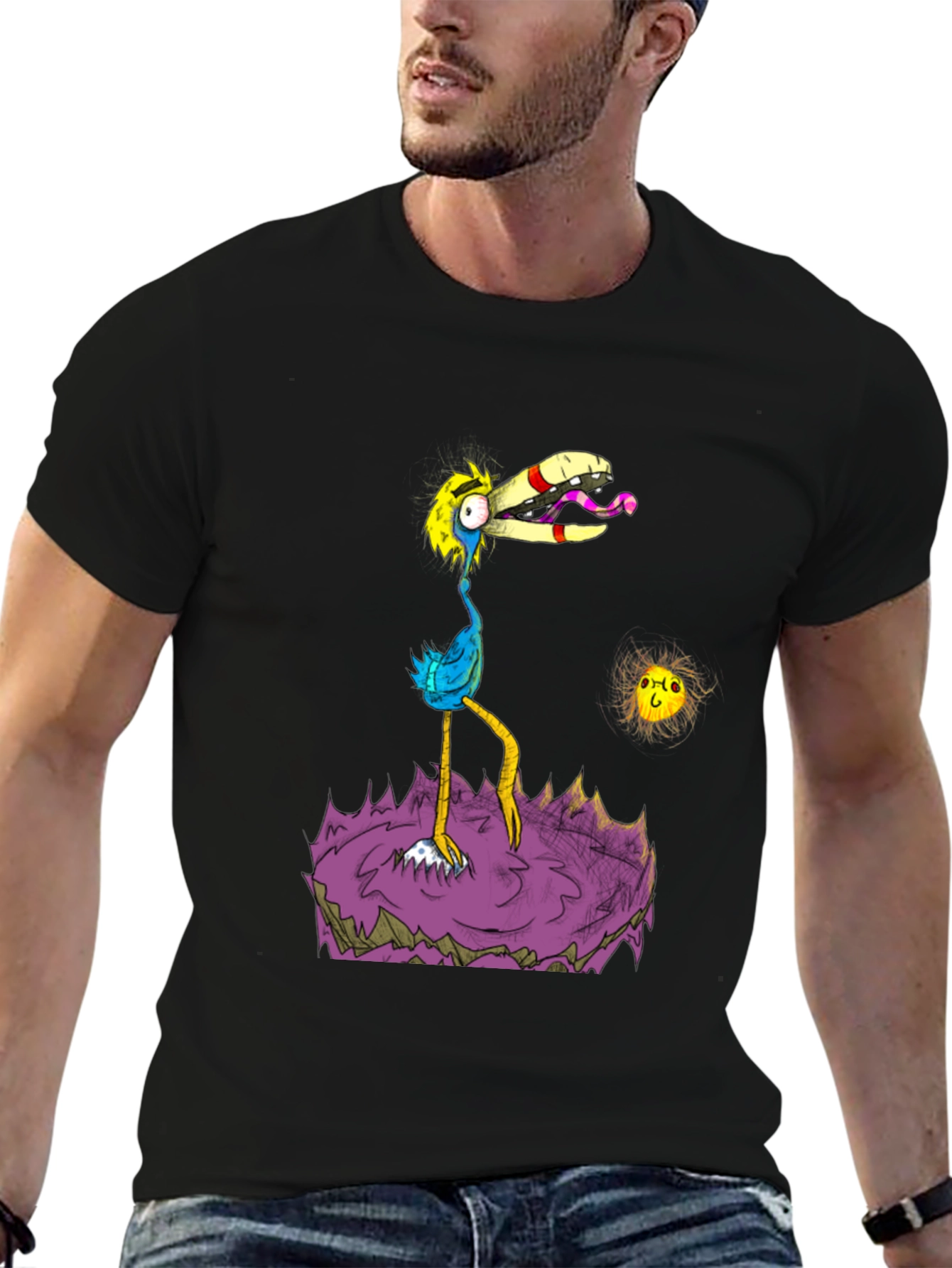Cartoon Bird Graphic Black T-Shirt