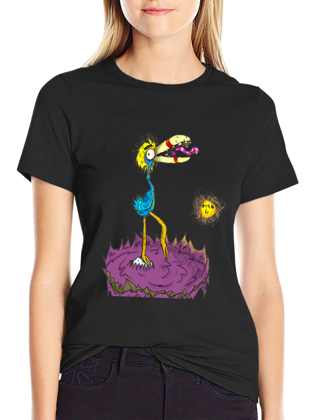 Cartoon Bird Graphic Black T-Shirt
