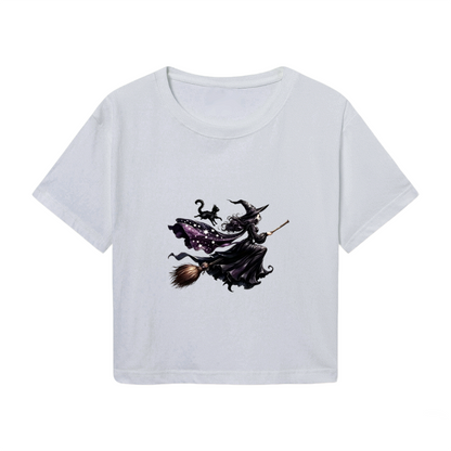 Flying Witch With Black Cat Spooky Halloween Crop Top