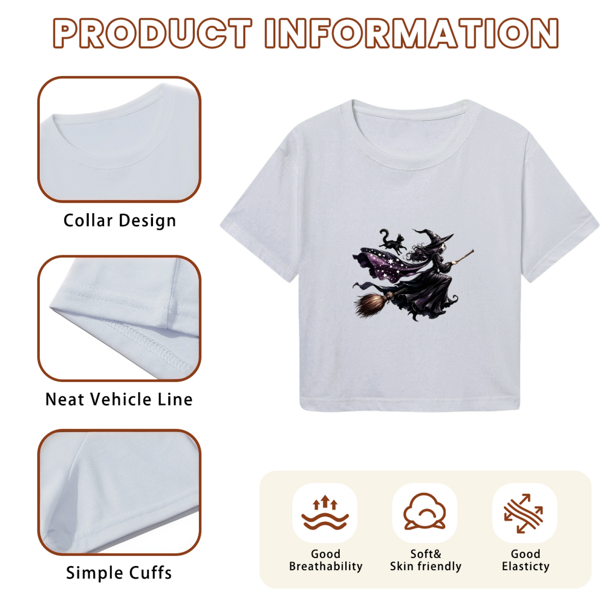 Flying Witch With Black Cat Spooky Halloween Crop Top