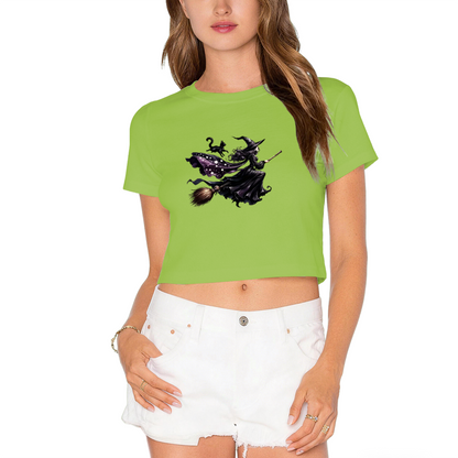 Flying Witch With Black Cat Spooky Halloween Crop Top