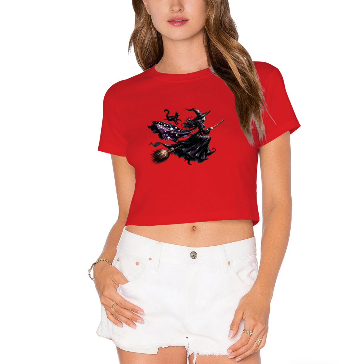 Flying Witch With Black Cat Spooky Halloween Crop Top