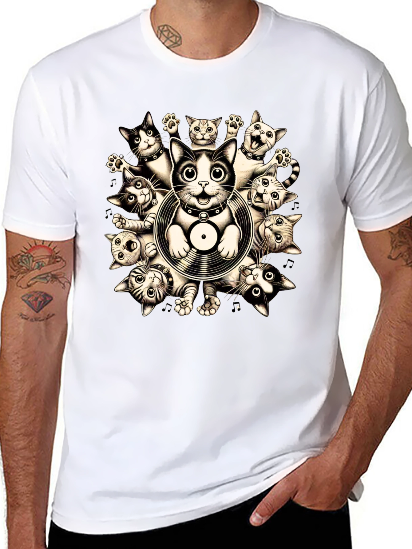 Cats and Vinyl Record Graphic T-Shirt