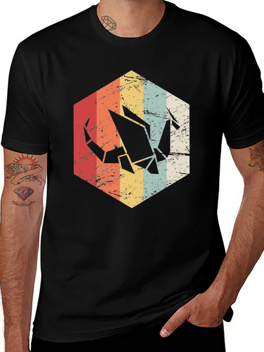 Retro Origami Crane Graphic Tee - Mens Black T-Shirt