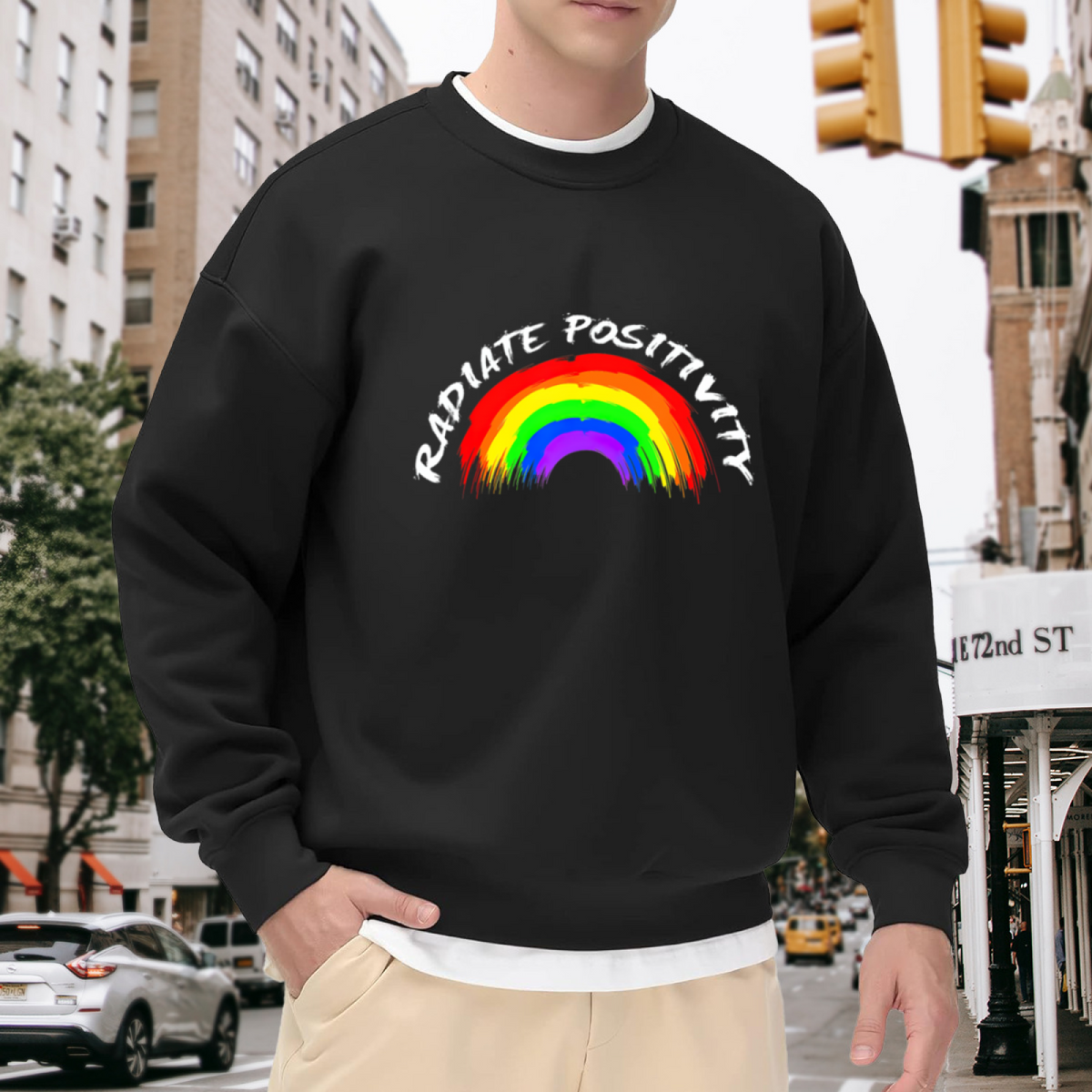 Radiate Positivity Rainbow Crewneck Sweatshirt - Colorful Motivational Inspirational Pullover