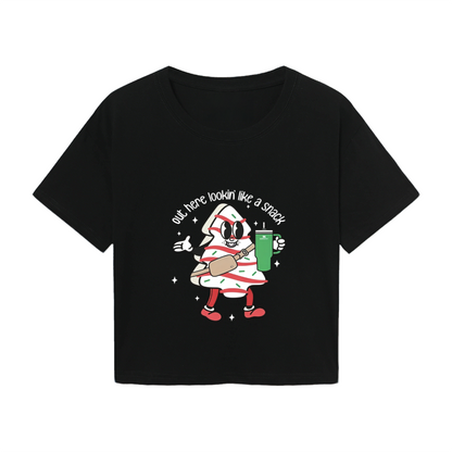 Retro Cartoon Christmas Tree Cake Snack Vibe Crop Top