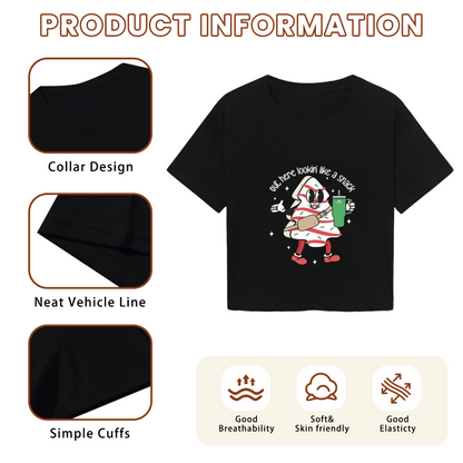 Retro Cartoon Christmas Tree Cake Snack Vibe Crop Top