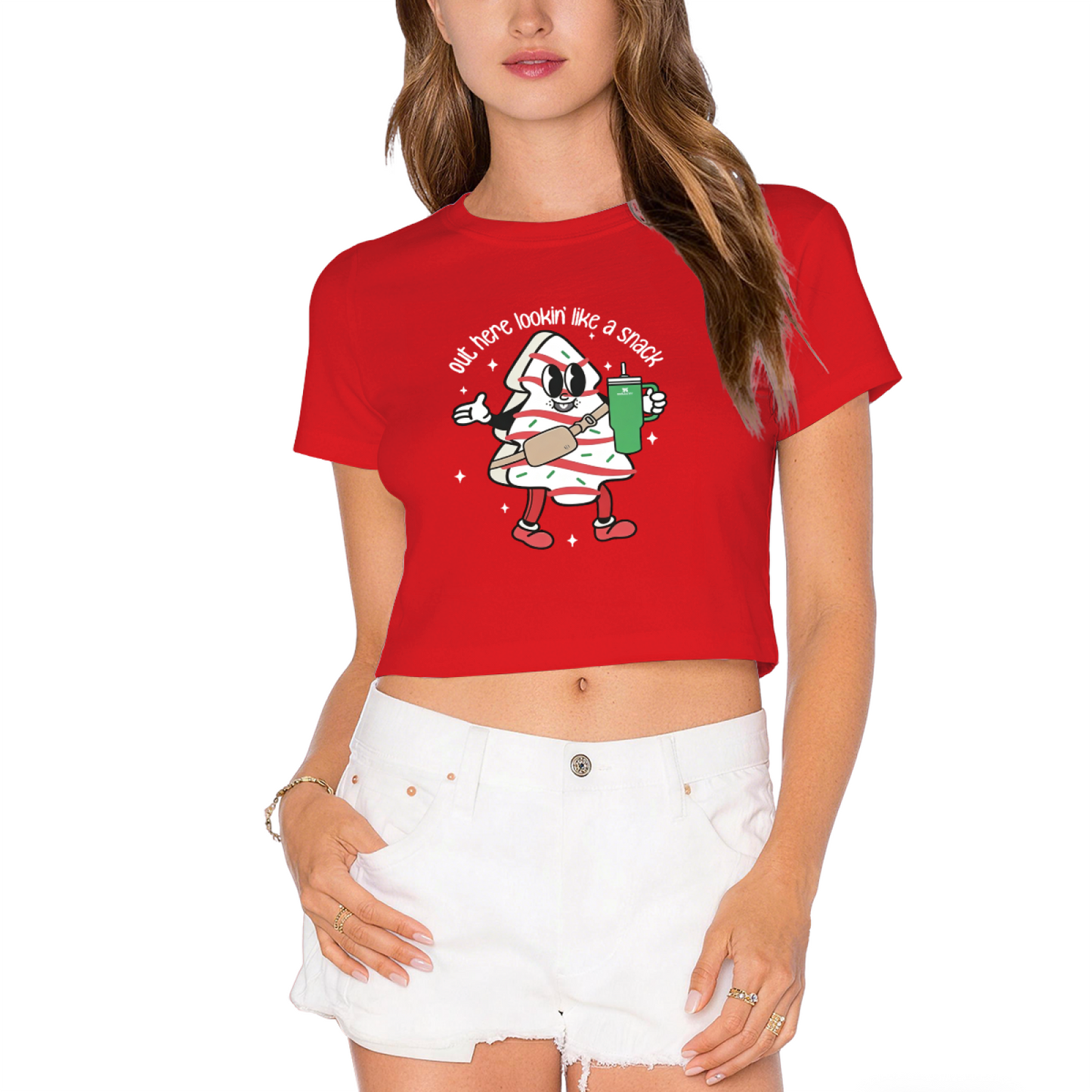 Retro Cartoon Christmas Tree Cake Snack Vibe Crop Top