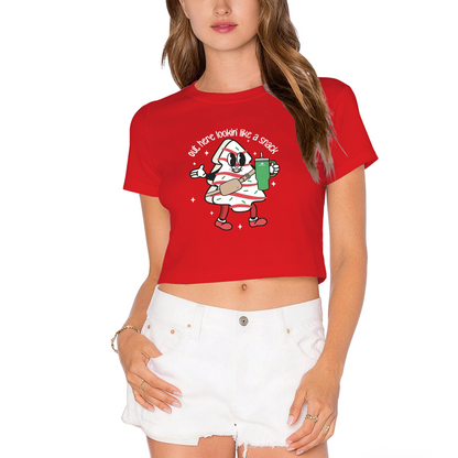 Retro Cartoon Christmas Tree Cake Snack Vibe Crop Top