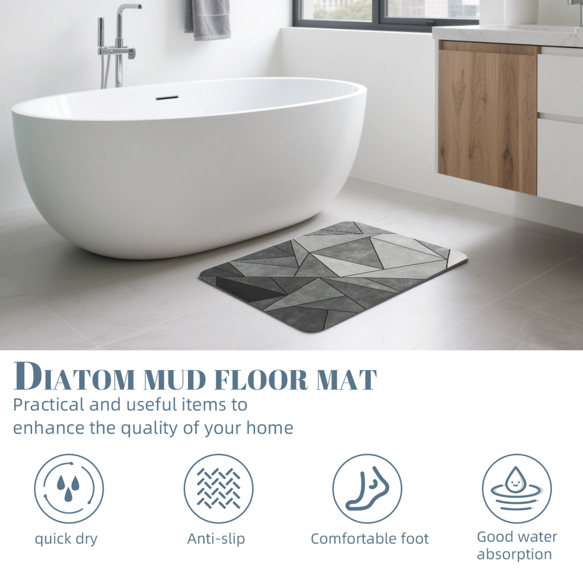 Grey Black Geometric Triangle Mosaic Diatomite Bath Mat