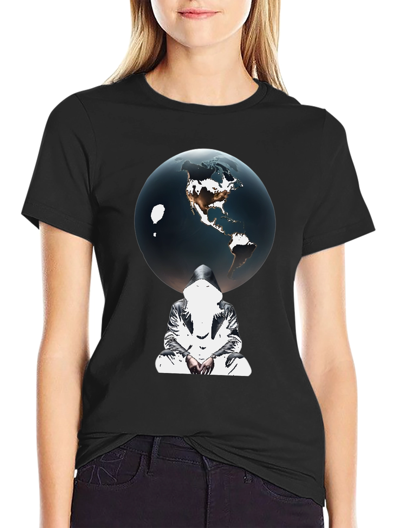 Earth Globe Graphic Print Black T-Shirt
