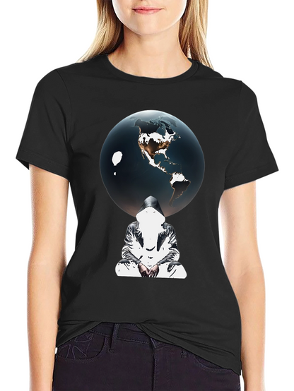 Earth Globe Graphic Print Black T-Shirt