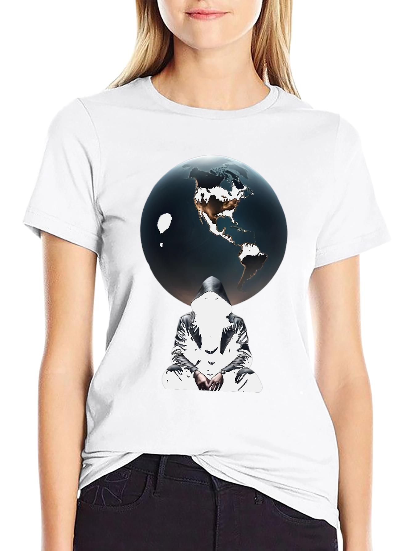 Earth Globe Graphic Print Black T-Shirt