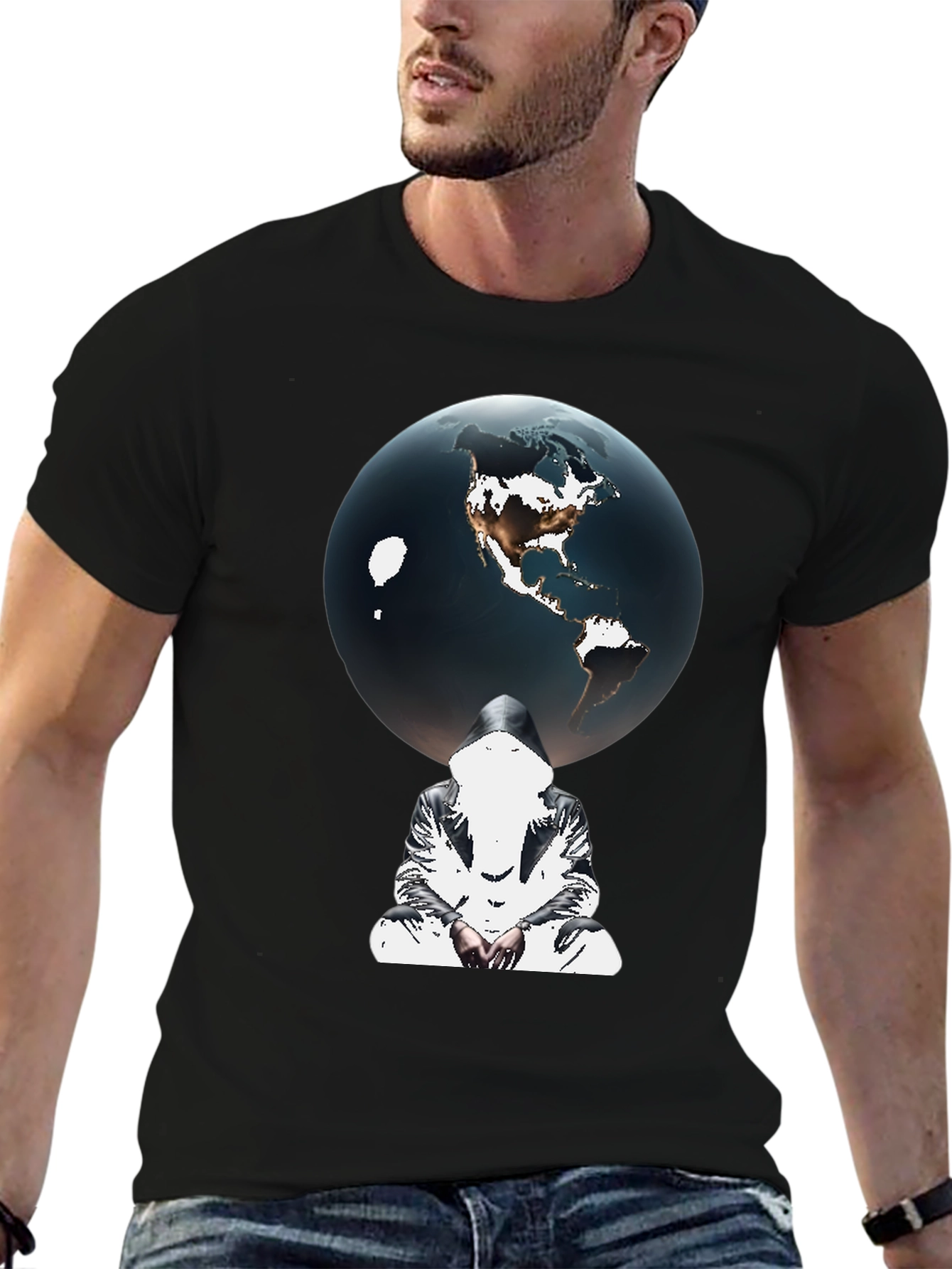 Earth Globe Graphic Print Black T-Shirt
