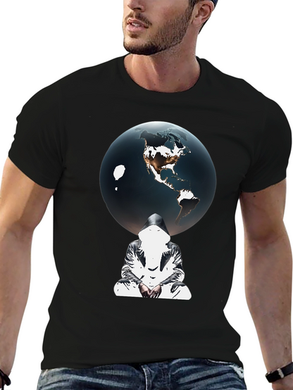 Earth Globe Graphic Print Black T-Shirt
