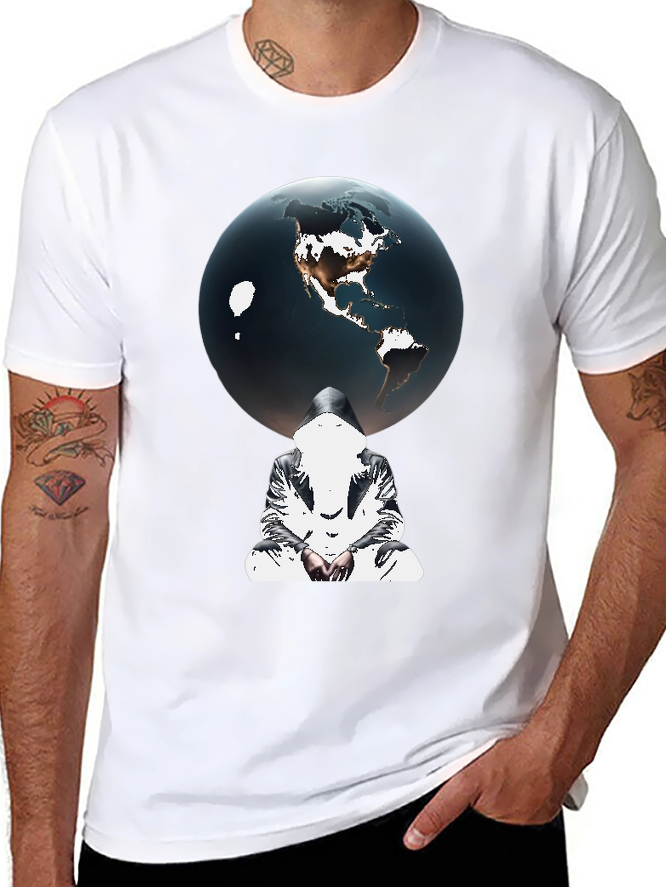Earth Globe Graphic Print Black T-Shirt