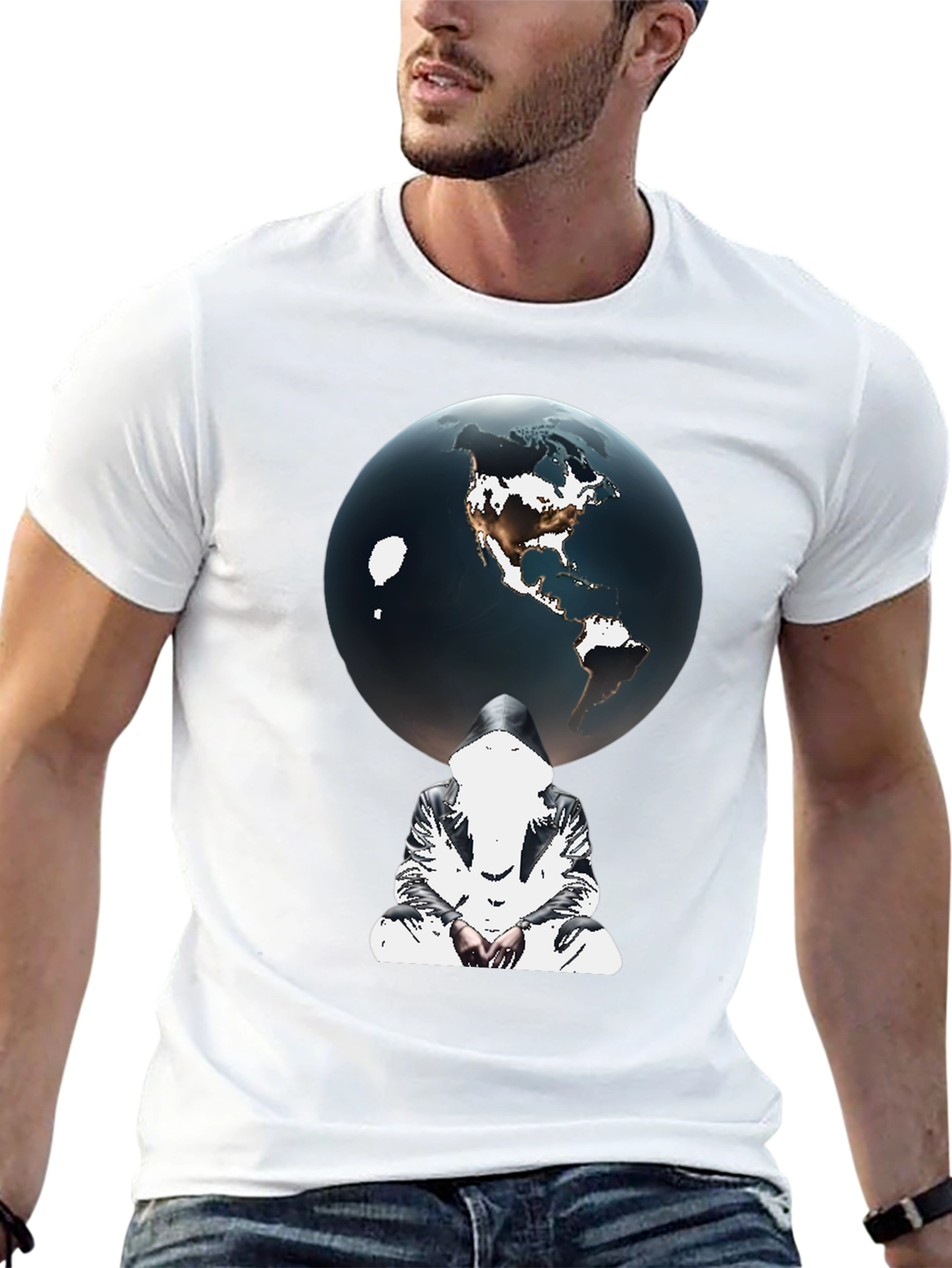 Earth Globe Graphic Print Black T-Shirt
