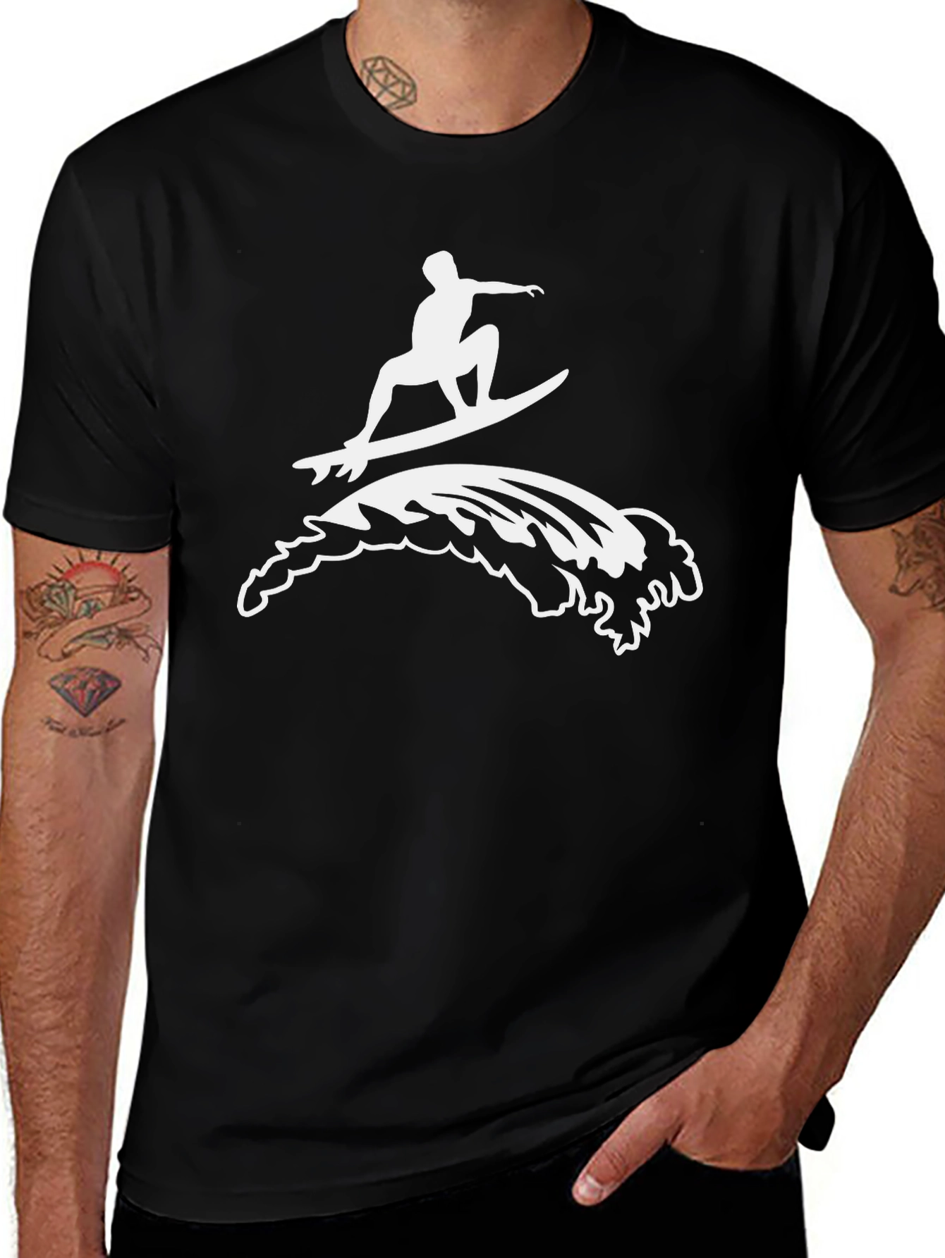 Surfing Wave Graphic T-Shirt - Black Cotton Tee