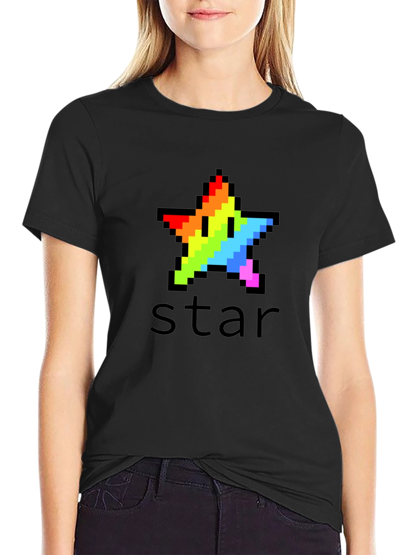 Rainbow Pixel Star Black T-Shirt