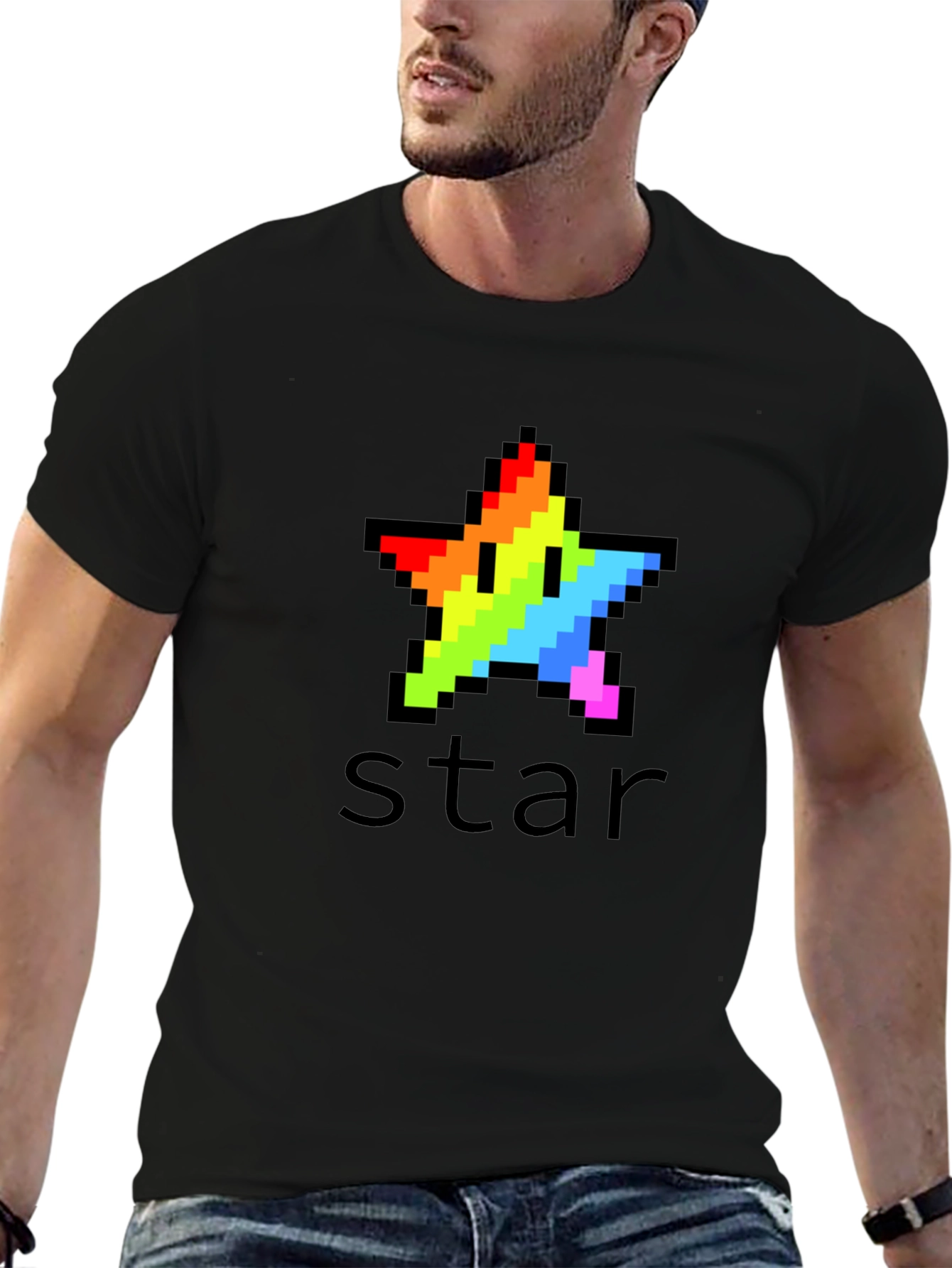 Rainbow Pixel Star Black T-Shirt