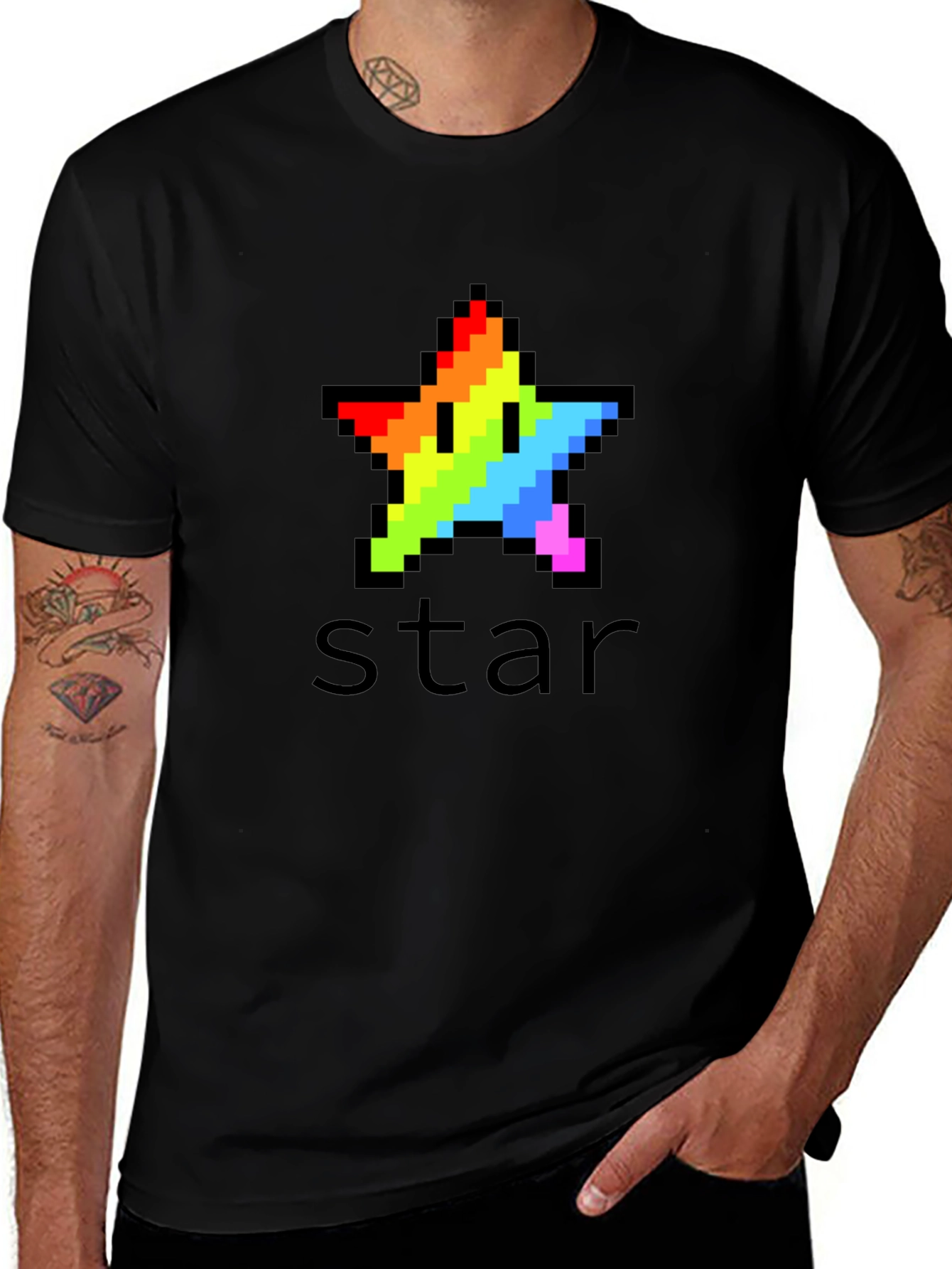 Rainbow Pixel Star Black T-Shirt