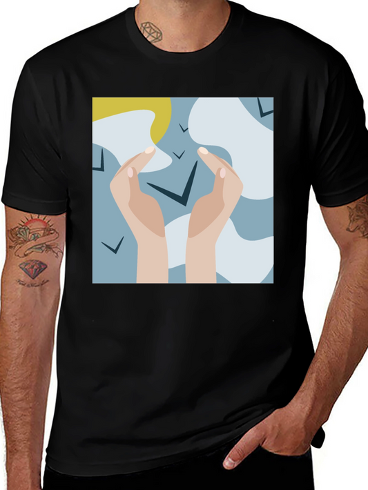 Abstract Hands & Birds Graphic Tee - Black Cotton Shirt