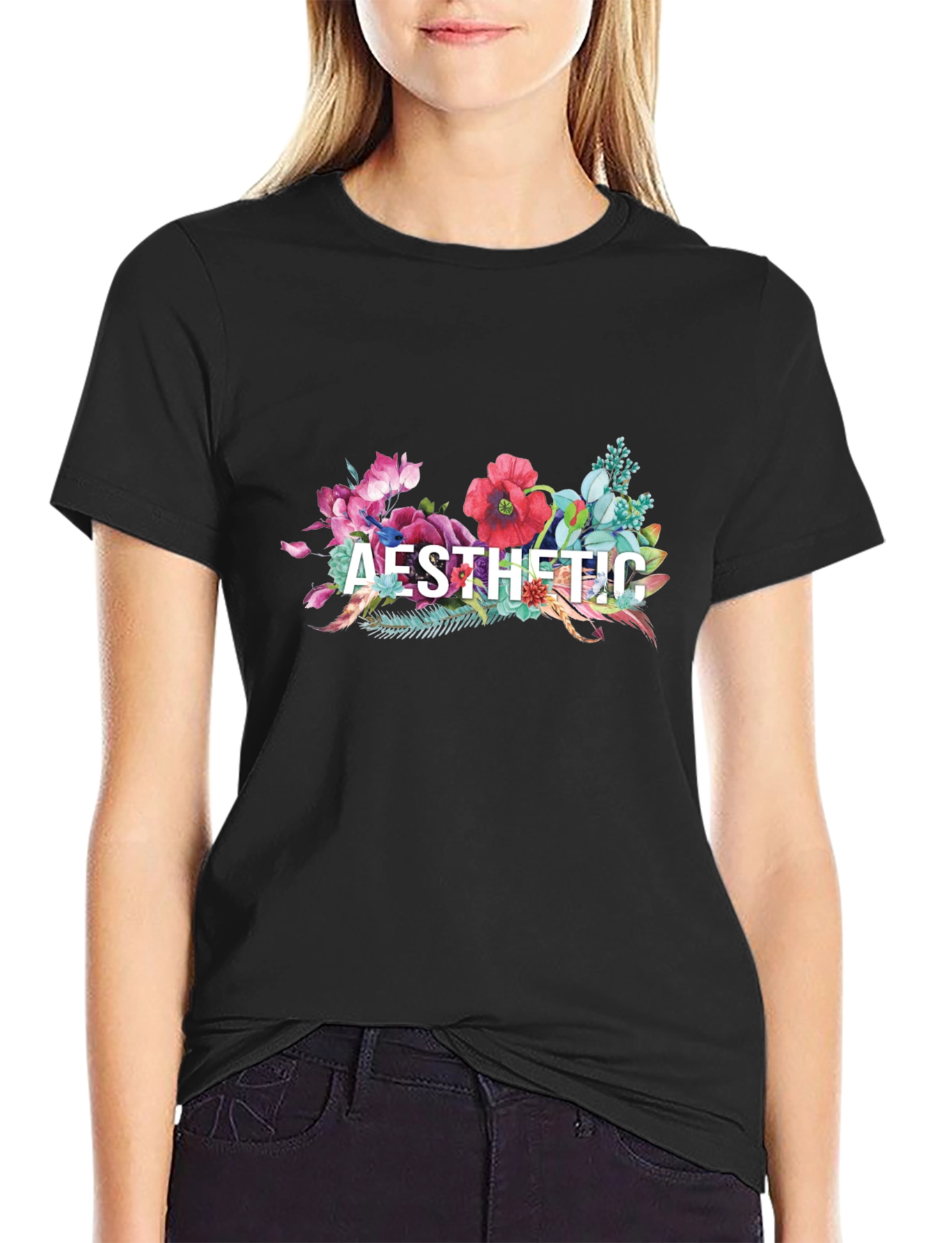 Aesthetic Floral Graphic Tee - Black