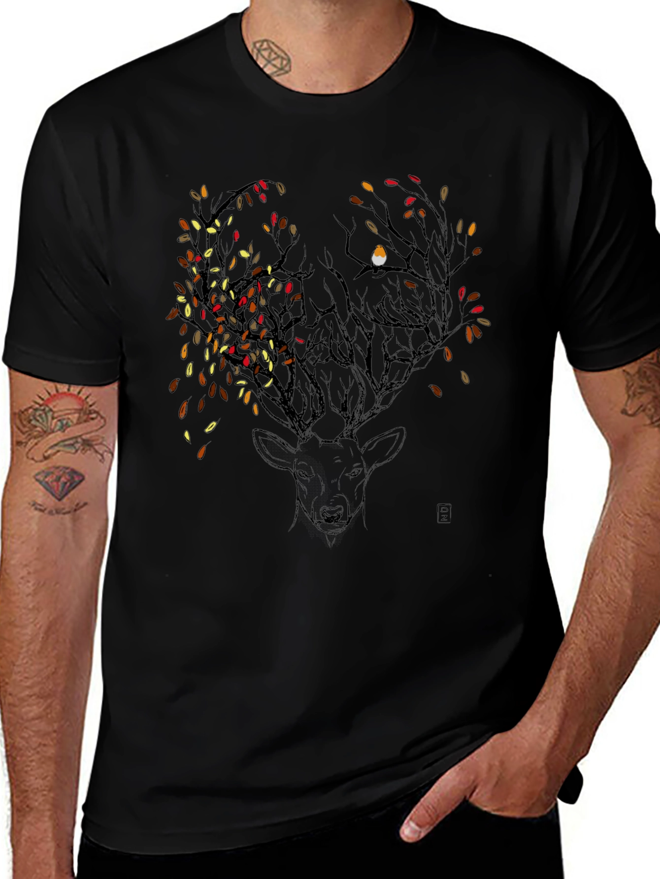 Deer & Autumn Leaves Graphic Tee - Black