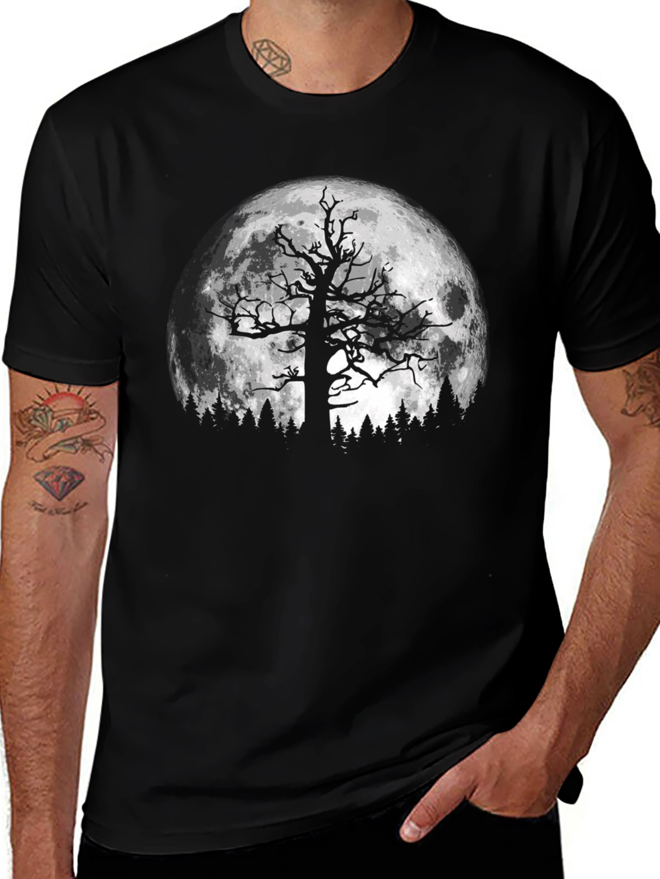 Spooky Tree & Moon Graphic Black T-Shirt