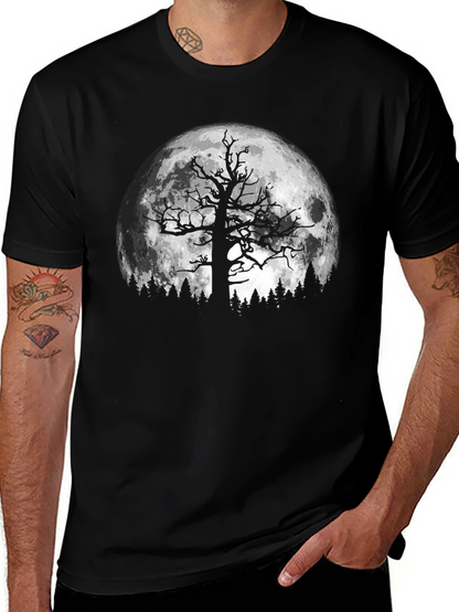 Spooky Tree & Moon Graphic Black T-Shirt