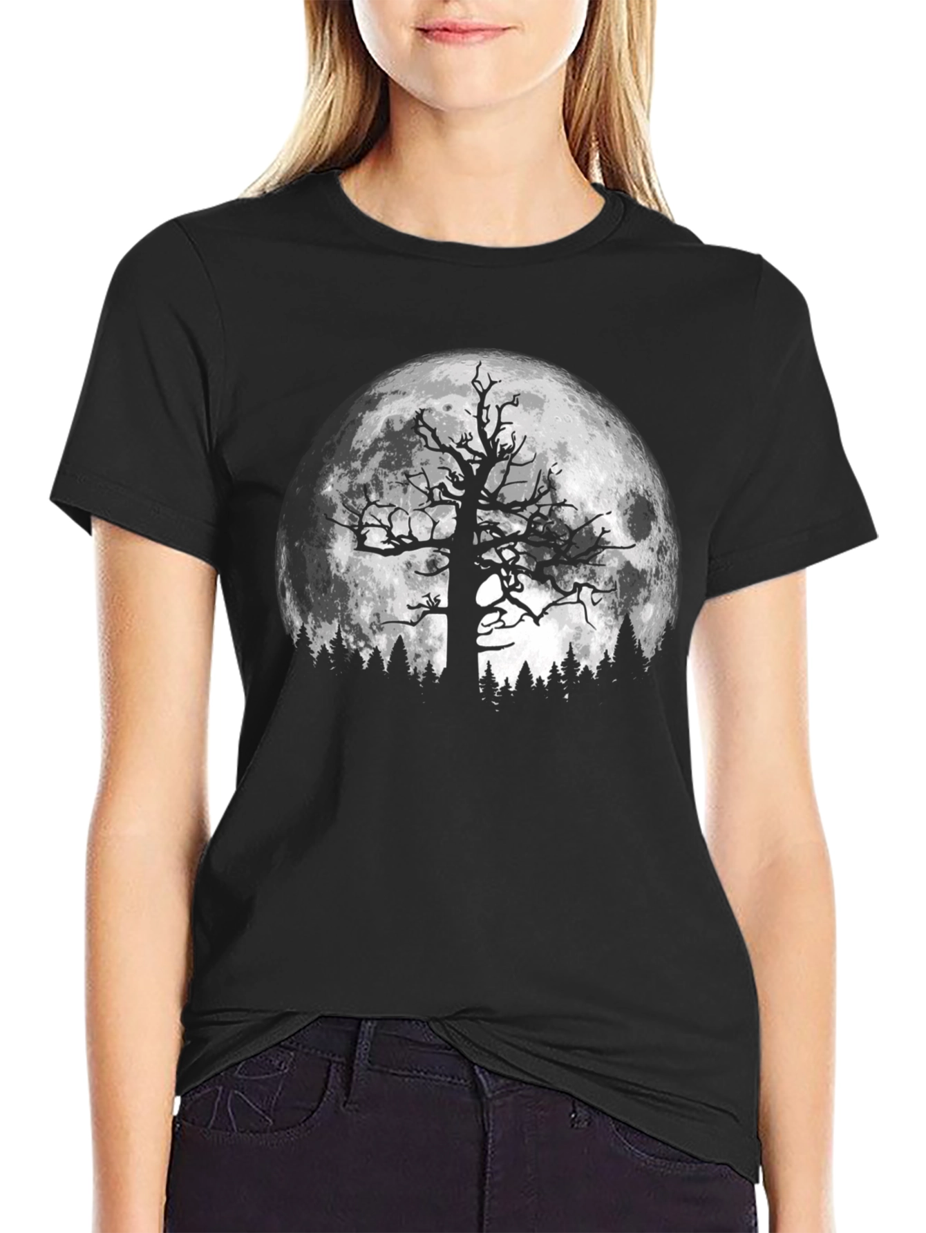 Spooky Tree & Moon Graphic Black T-Shirt