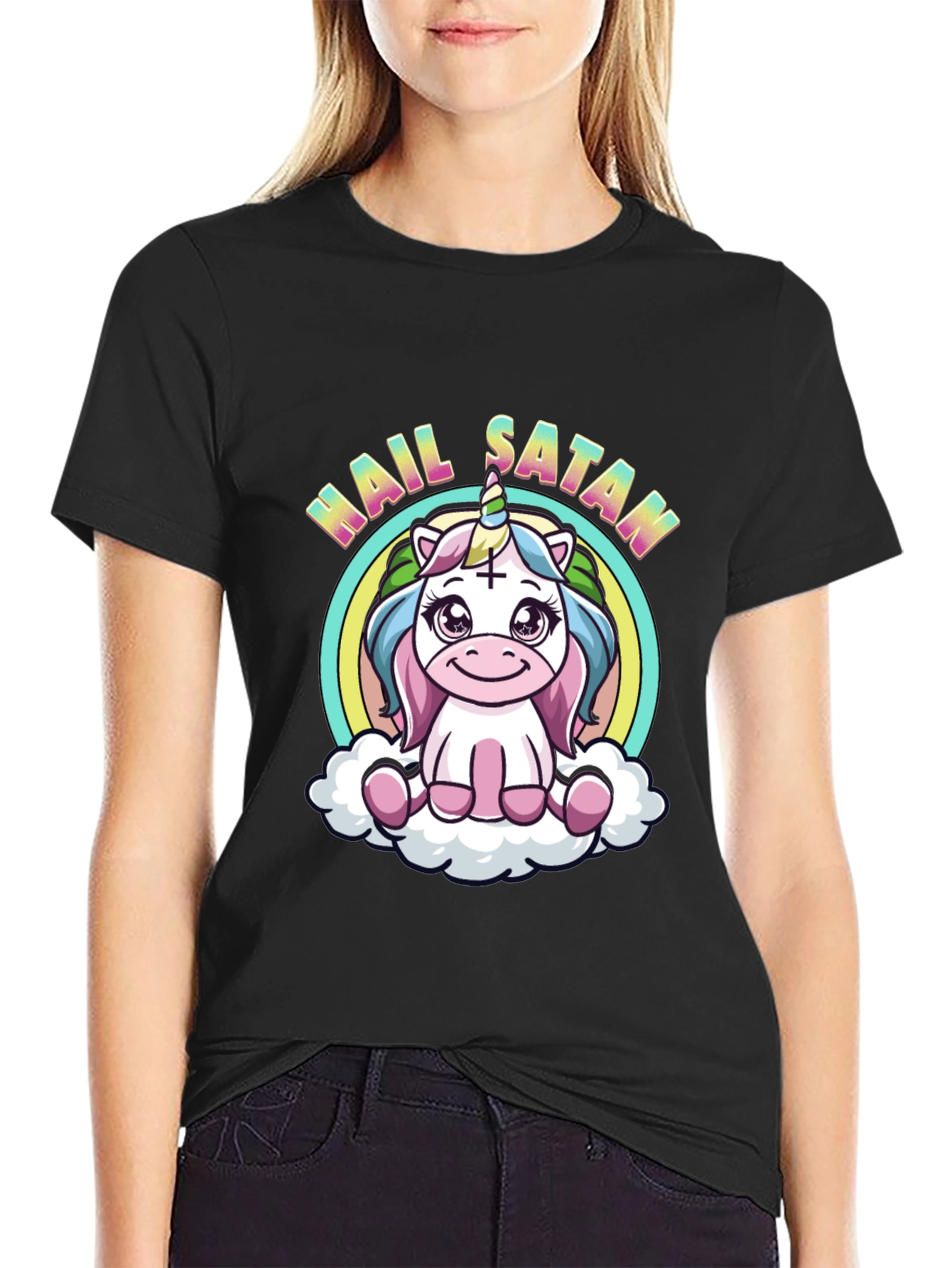 Hail Satan Unicorn Black T-Shirt