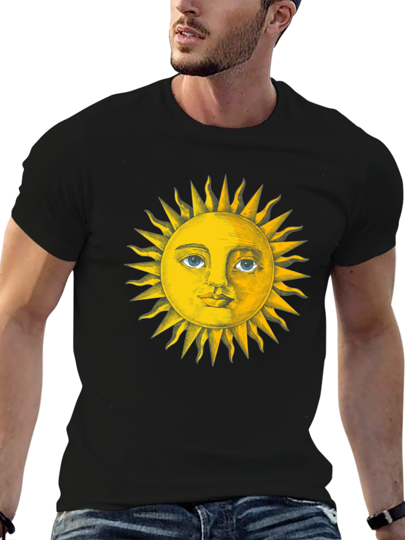 Sun Face Graphic Tee - Black Cotton T-Shirt