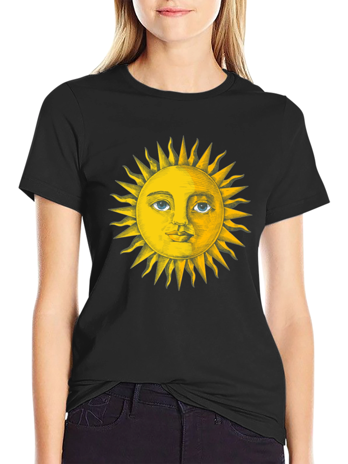 Sun Face Graphic Tee - Black Cotton T-Shirt
