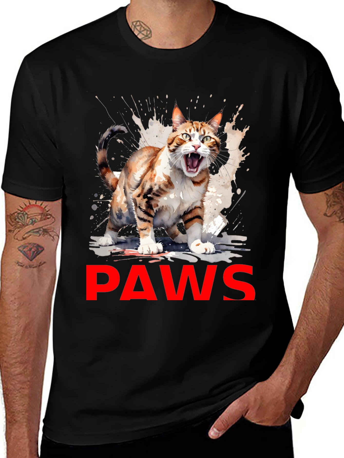 PAWS Cat Graphic Tee - Mens Black T-Shirt
