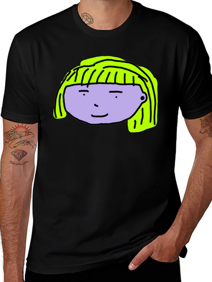 Cartoon Face Graphic Tee - Black Cotton